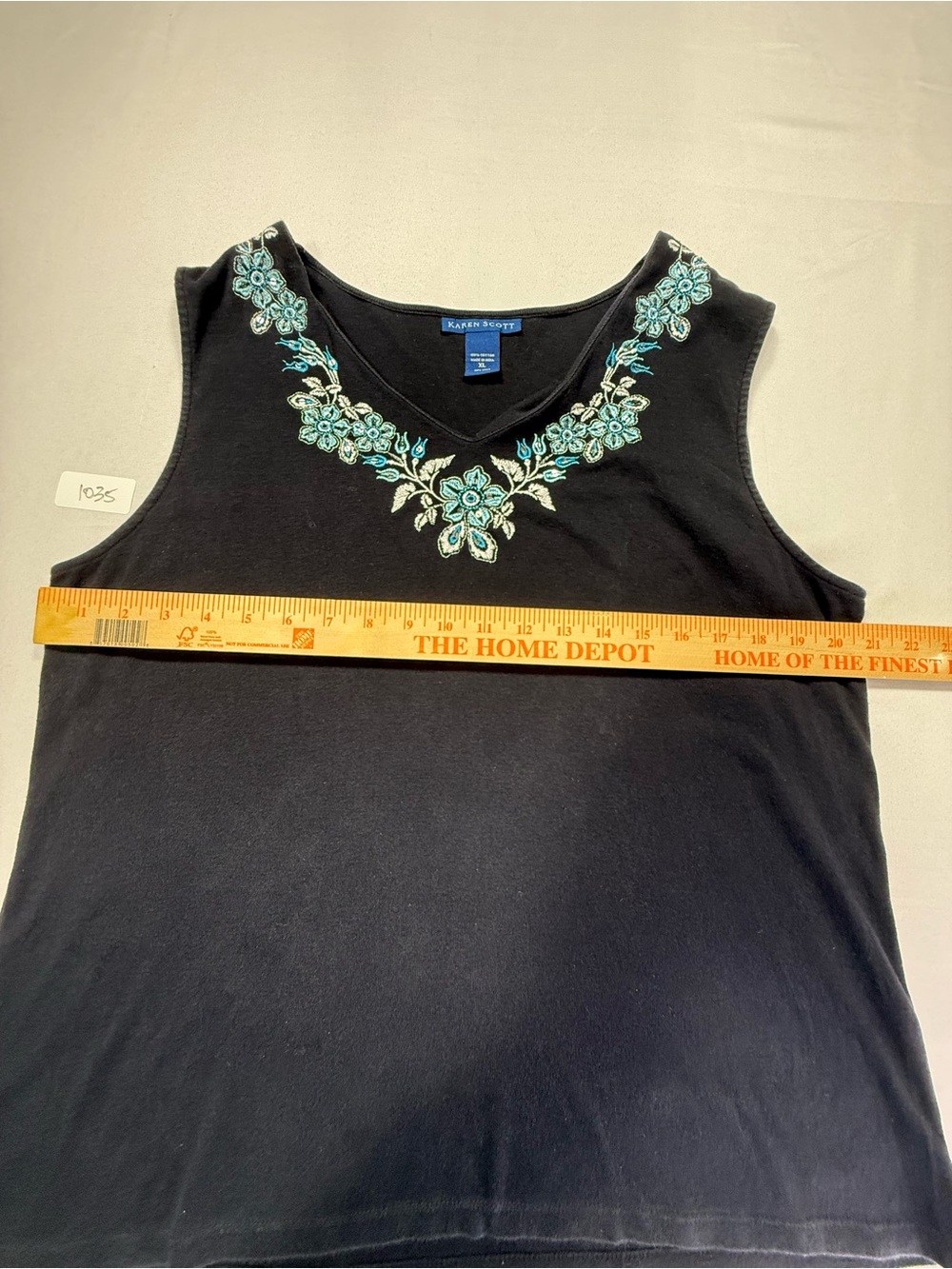 Karen Scott Black V-Neck Tank with Teal Floral Embroidery - Picture 5 of 6